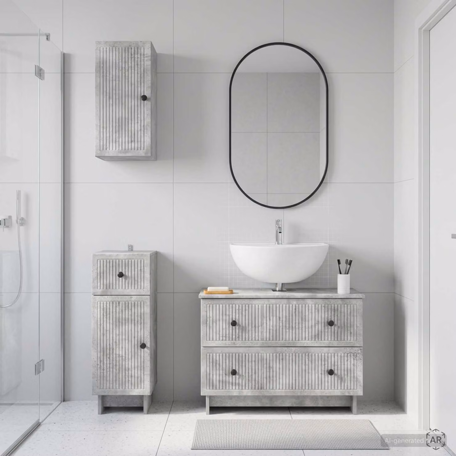 Set di armadietti da bagno vidaXL EDE in 3 pezzi, design minimalista, colore grigio cemento, con mobile sottolavabo e pensili a parete