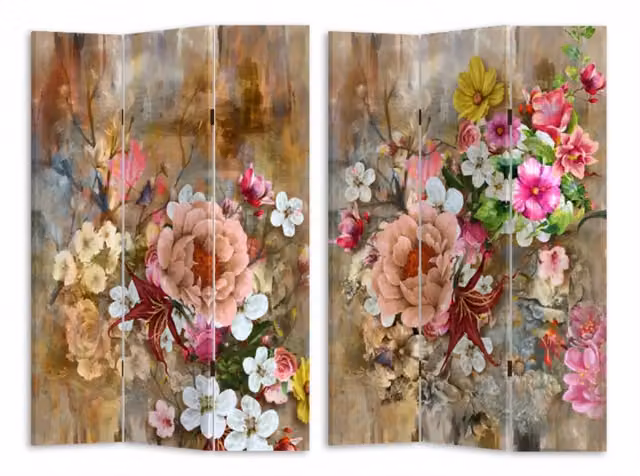 Paravento VACCHETTI a 3 ante con stampa floreale rosa e multicolore in stile shabby chic, L: 120,6 cm, P: 2,5 cm, H: 180 cm