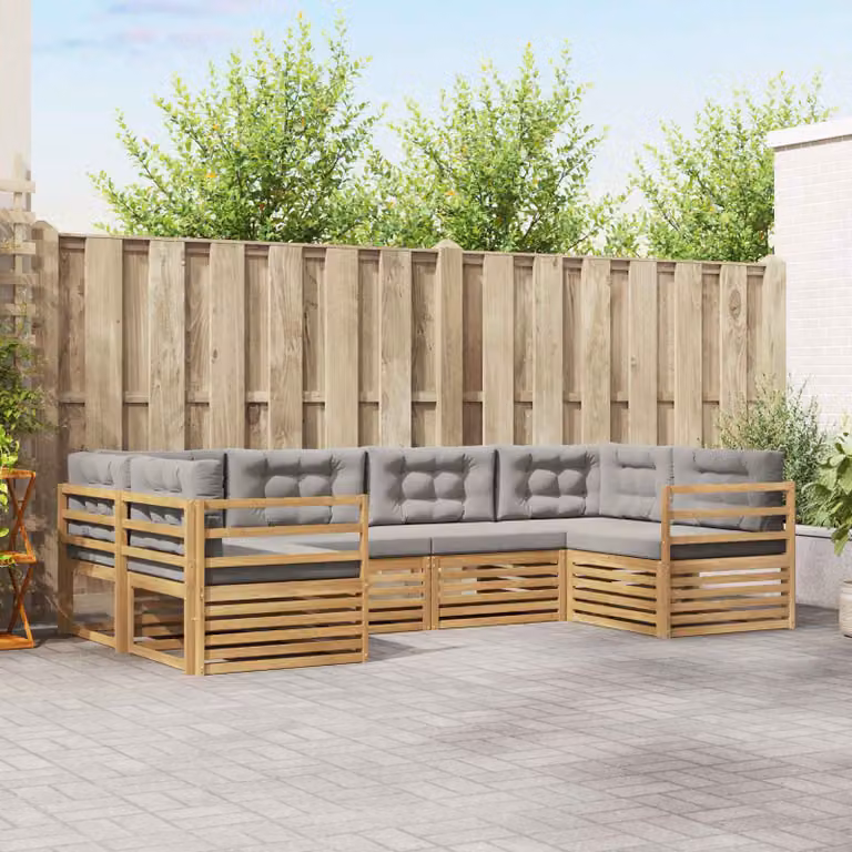 vidaXL Set di divani da esterno a L composto da 6 pezzi in legno di acacia con cuscini, Bianco e Grigio