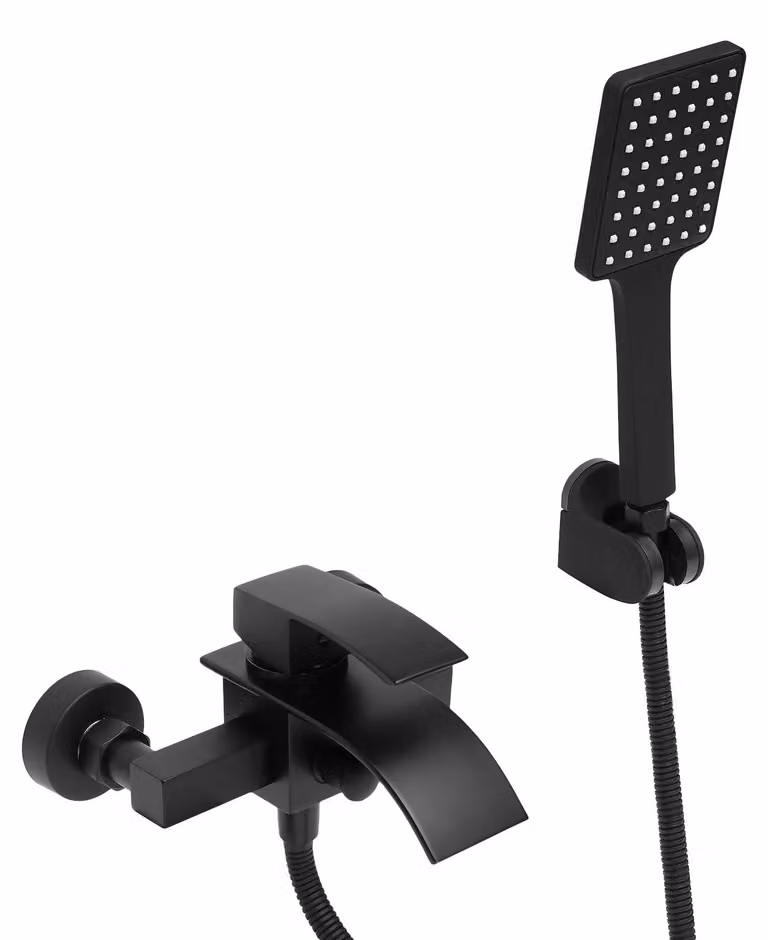 Miscelatore per vasca da bagno da montare a parete - Bocchetta a cascata - Doccetta manuale - Realizzato in ottone e acciaio inossidabile 304 - Colore nero