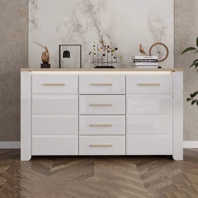 Madia DMORA con 4 cassetti, design moderno in finitura lucida bianco e rovere, L: 154 cm, P: 41 cm, H: 88 cm