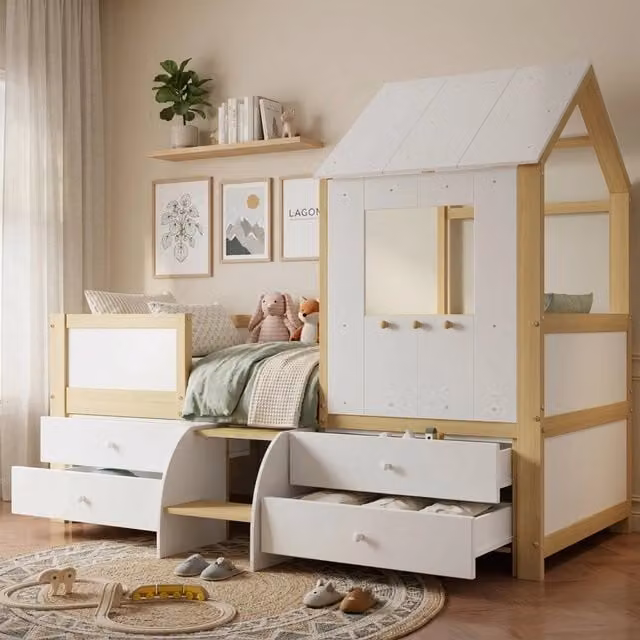 Letto casetta per bambini 90x200 cm con tetto; finestra; 4 cassetti e scaletta; bianco e legno naturale
