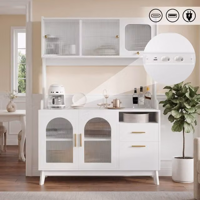 Credenza da cucina alta con prese integrate e ante in acrilico ondulato, per cucina, bianca, 120 × 40 × 178 cm