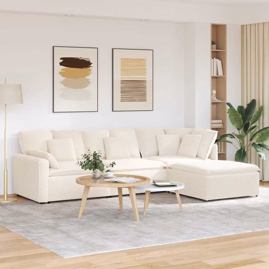 vidaXL Divano Modulare a L con Poggiapiedi e Cuscini, Rivestimento in Tessuto Beige, Struttura in Metallo e Legno