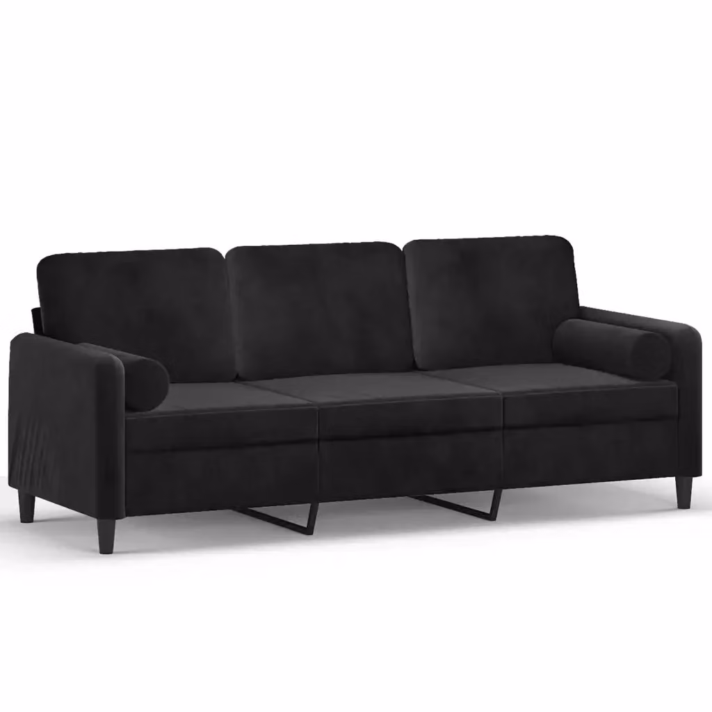 Divano a 3 posti moderno vidaXL in velluto nero con cuscini e coperture rimovibili L: 198 cm, P: 80 cm, H: 77 cm – 2