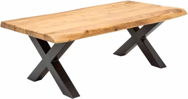 Tavolino basso ARKAYA 110 cm in legno di acacia massiccio con gambe in metallo nero a forma di X