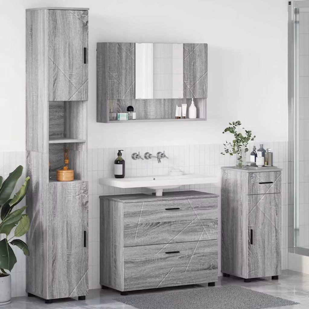 vidaXL Set di mobili per il bagno 4 pezzi Grigio con specchio e cassetti – 1