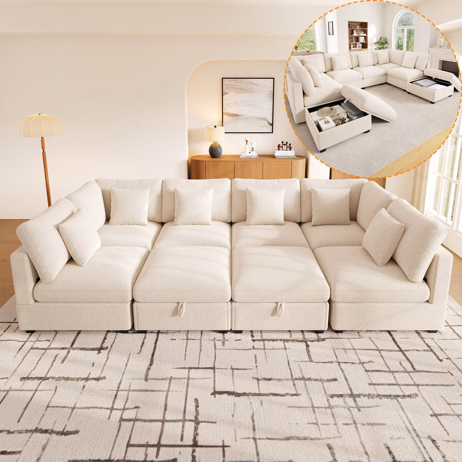 Divano angolare a forma di "U" Merax XXL, divano modulare per 8 persone con funzione letto, 2 poggiapiedi con spazio contenitore, 6 cuscini, tasche laterali, tessuto in chenille, color beige