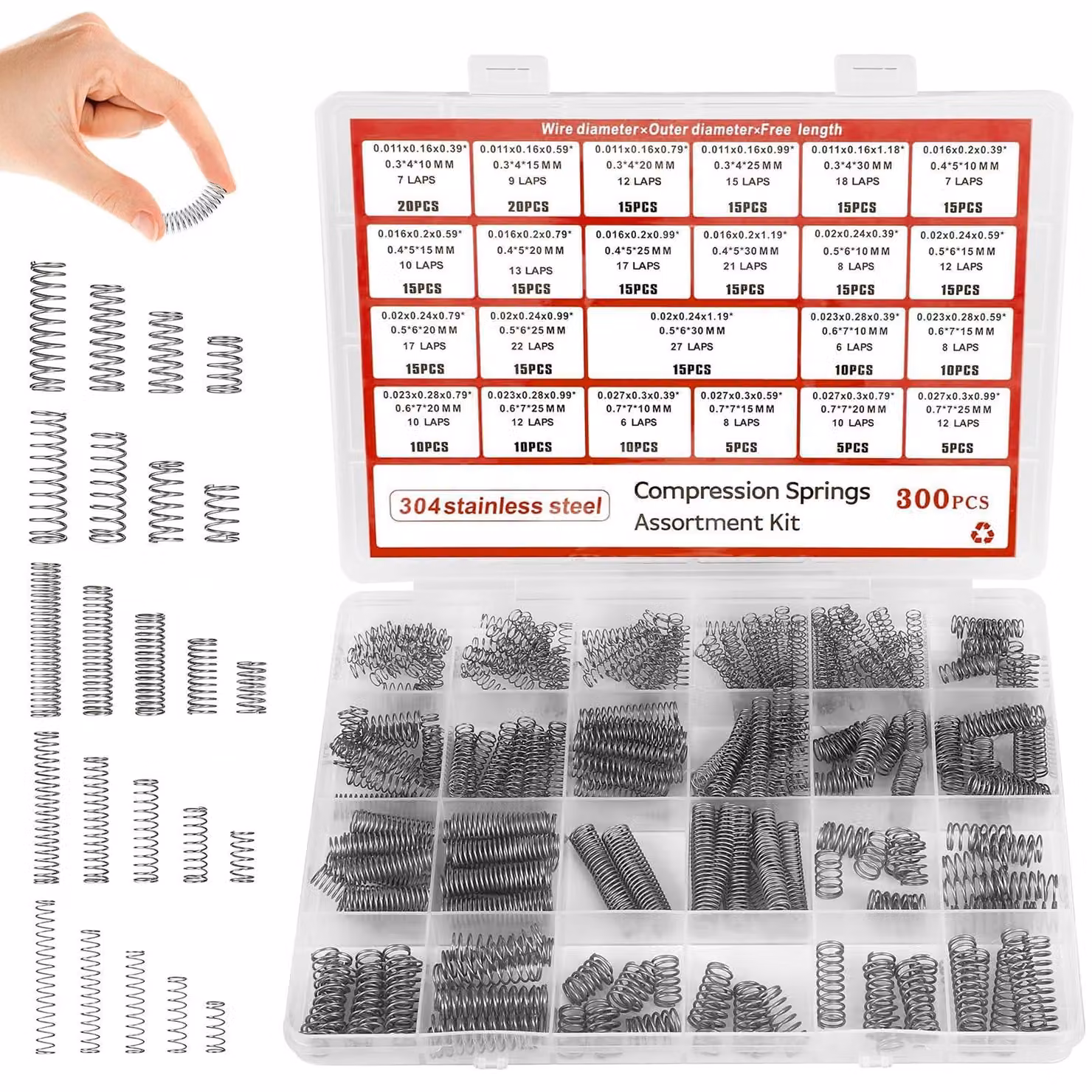Set di 300 elementi di molle a compressione, in acciaio inossidabile 304, disponibili in 23 diverse dimensioni