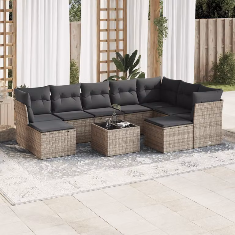 vidaXL Set Divano da Giardino 10 pz in Polyrattan Grigio con Cuscini e Tavolino da Esterno