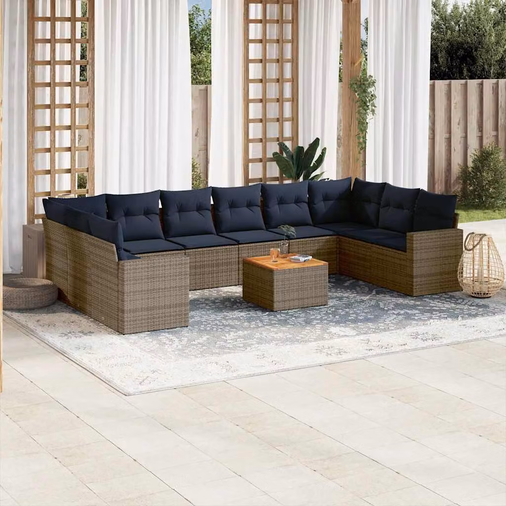 Set di divani da giardino vidaXL 11 pz in polyrattan grigio con cuscini e tavolino da esterno a forma di L