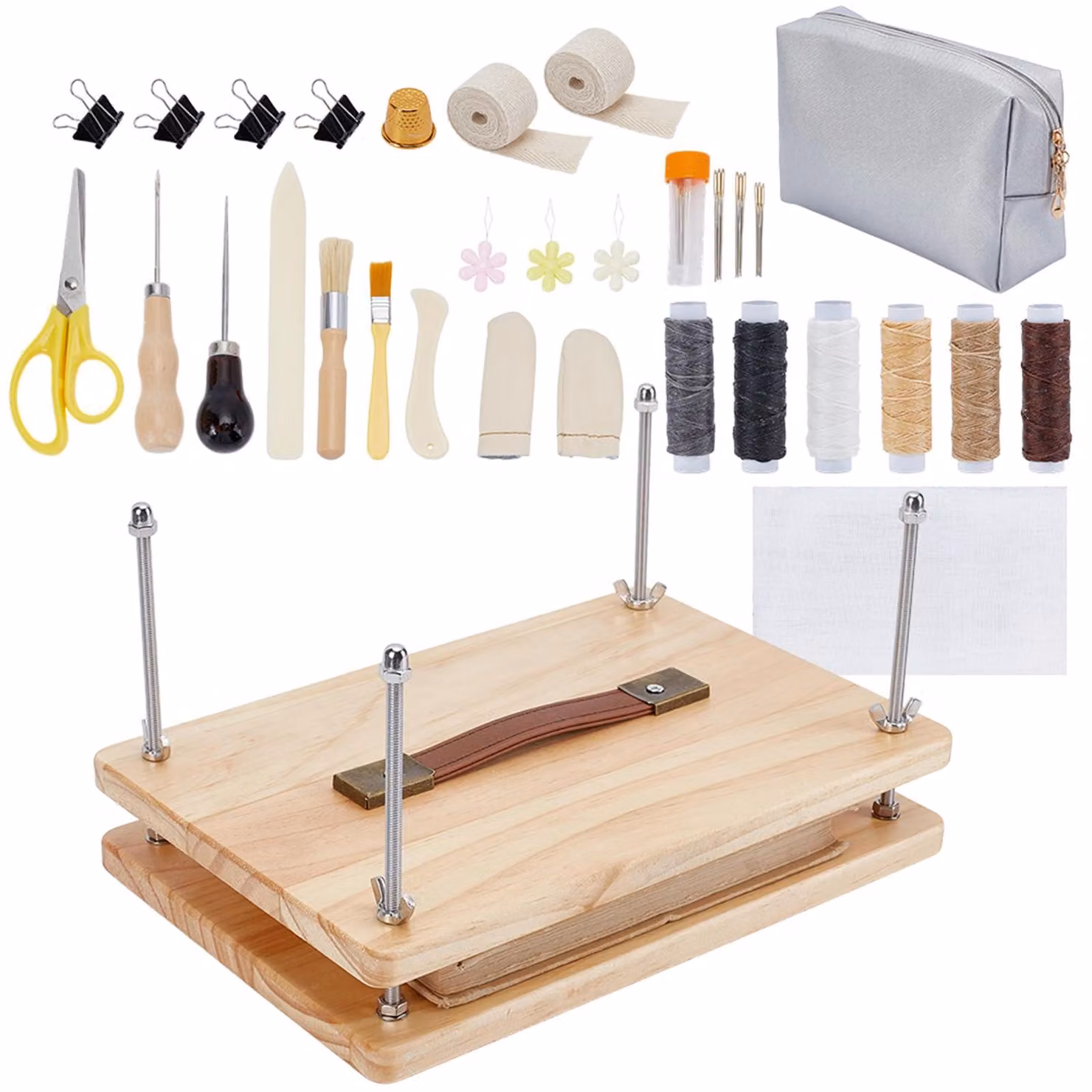 Kit per rilegatura con pressa in legno di 28x20 cm, piegacarte, filo, aghi