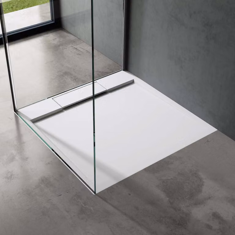 doporro Piatto Doccia Rettangolare in Marmoresina Effetto Pietra, Spessore 4 cm, Installazione Versatile, Scarico Laterale con Cover e Piletta(AL06), 90x90 cm, Bianco - Geoma04
