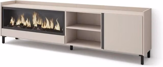 Mobile TV Soggiorno, 212x61x35 cm, Per TV fino a 80", Camino elettrico XXL, Design industriale, Beige