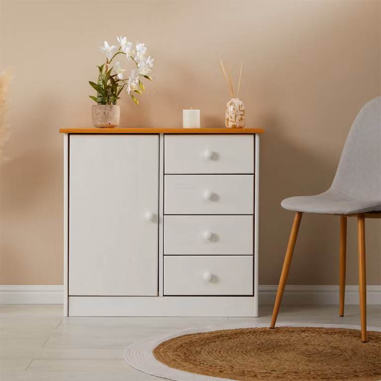 Comò RONDO bianco/marrone con 4 cassetti e 1 anta, cassettiera in pino in stile rustico