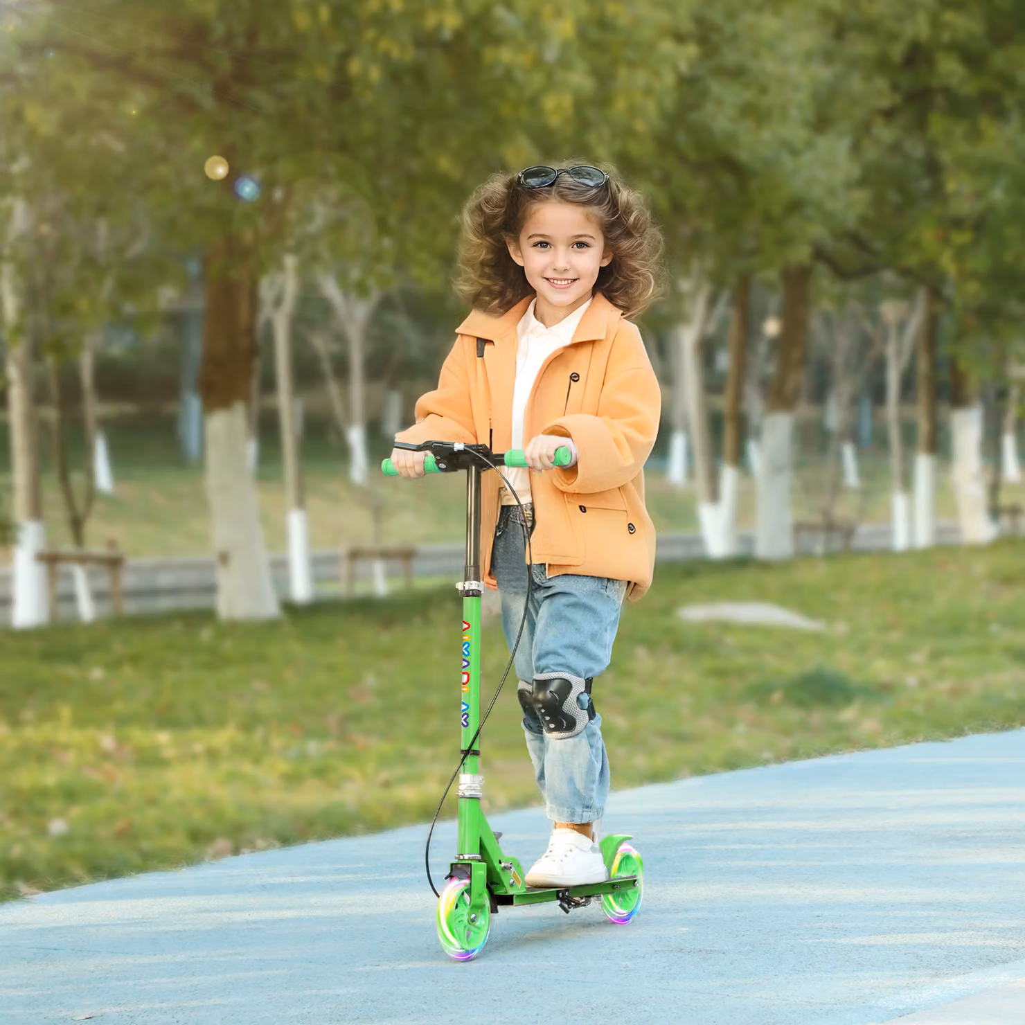 Monopattino per bambini AIYAPLAY con ruote luminose e impugnatura regolabile, pieghevole, colore verde – 2