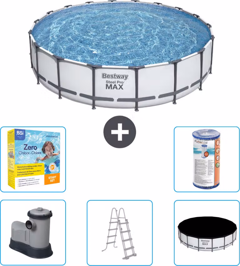 Piscina Bestway Round Steel Pro MAX - 549 x 122 cm - grigio - inclusa pompa - scala - copertura pacchetto manutenzione - filtro