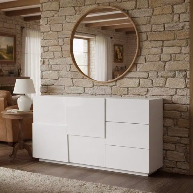 Credenza Avelignese, Buffet da soggiorno, Madia da salotto con 2 ante e 3 cassetti, 180x44h86 cm, Bianco lucido