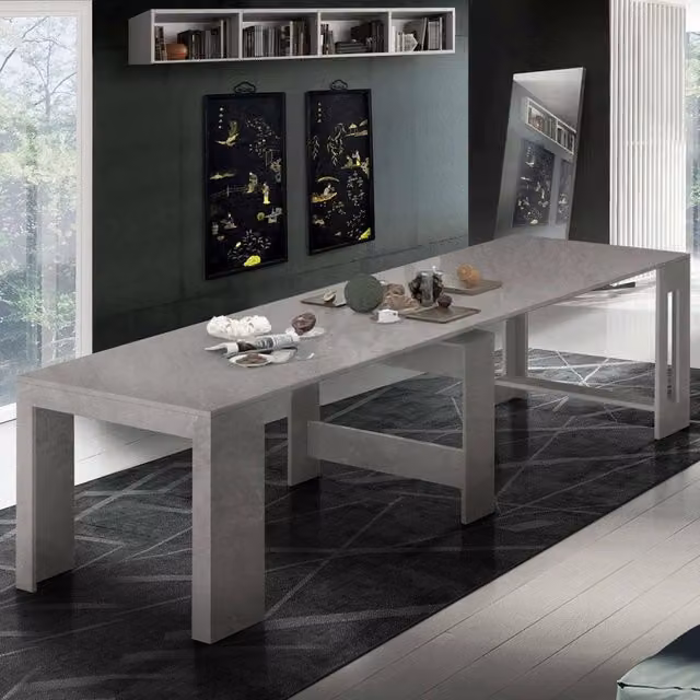 Tavolo da pranzo Anello, Made in Italy, Consolle allungabile fino a 12 posti, con portallunghe, cm 51/300x90h77 Grigio Cenere
