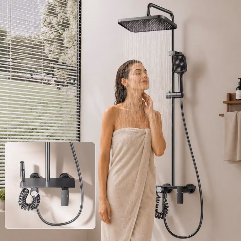 Sistema doccia senza termostato, colore grigio, altezza regolabile da 80 a 110 cm, con 3 diverse modalità di getto