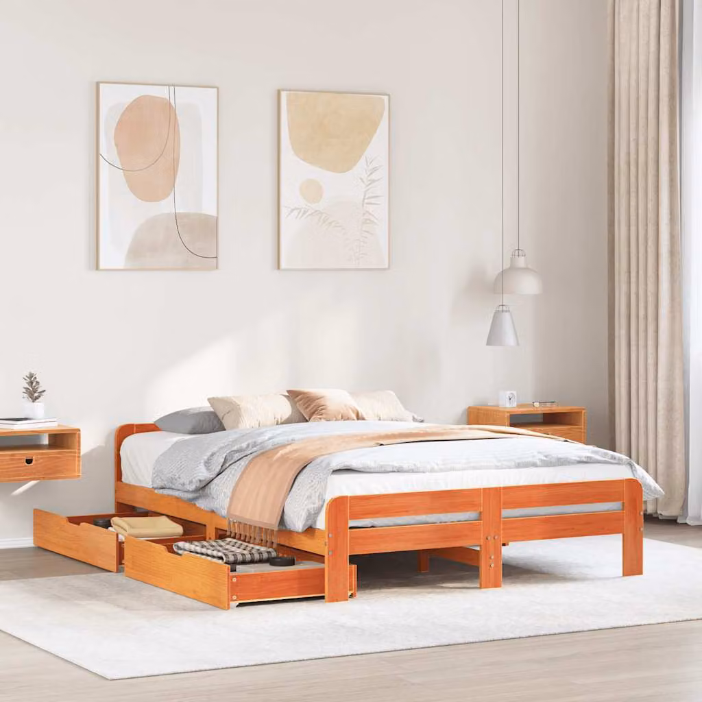 vidaXL Giroletto in legno di pino massello marrone cera con doghe piatte L/P/H: 140 x 200 cm