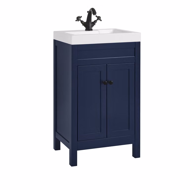 Mobile Bagno Blu Marino da 500mm con Lavabo e Maniglie Classiche Rotonde Nere - Warwick