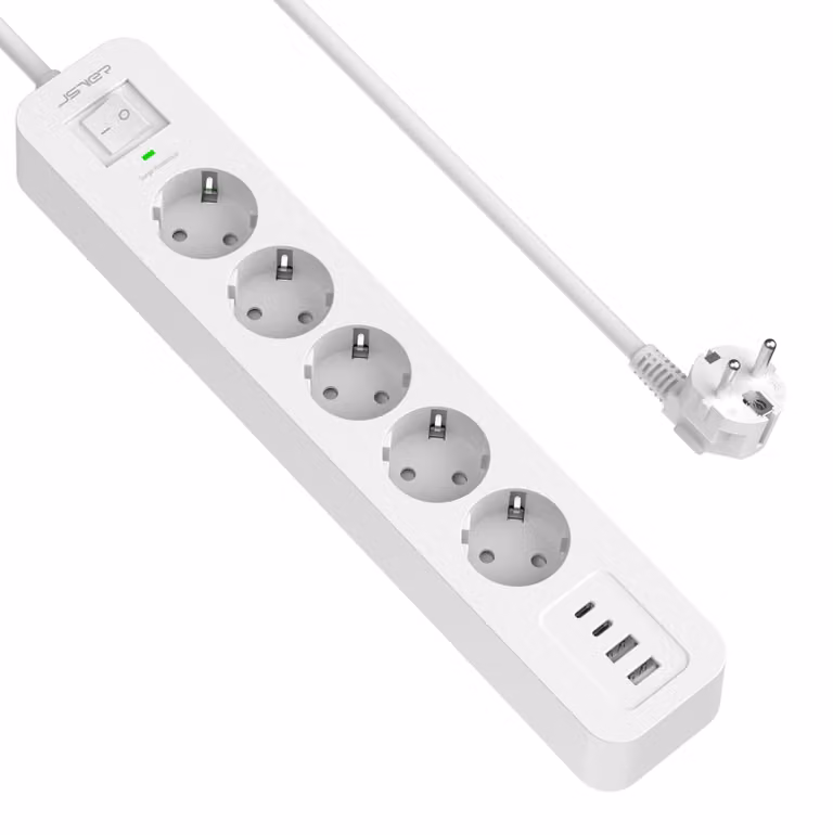 Ciabatta multipresa con 5 prese, 4 porte di ricarica USB e protezione da sovratensione, cavo da 2 metri