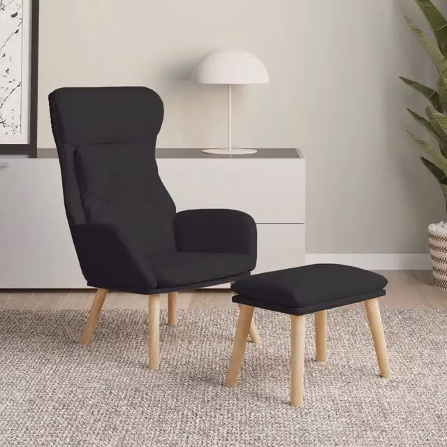 Poltrona Relax con Poggiapiedi vidaXL in Tessuto Nero con Struttura in Metallo e Legno