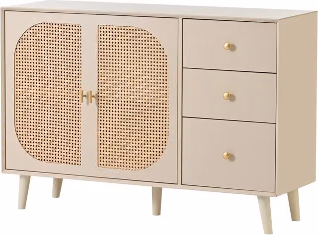 Sideboard moderno in legno truciolato con 2 ante e 3 cassetti, colore crema, 120x82,5x40 cm