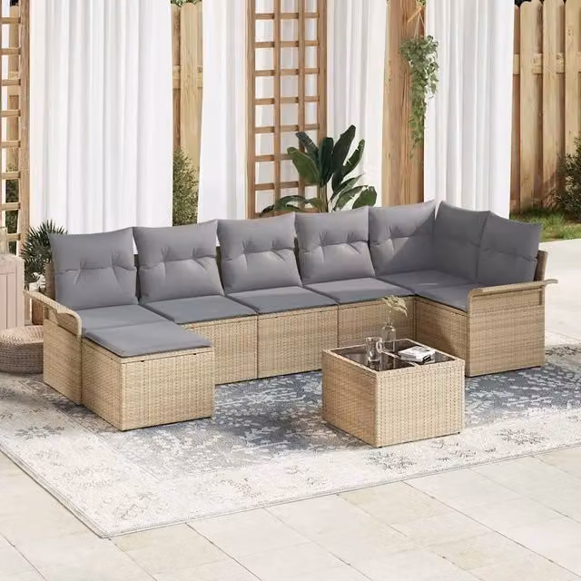 Set Divano da Giardino vidaXL a Forma di L con Tavolino, Ottoman e Cuscini, 8 Pezzi, Beige