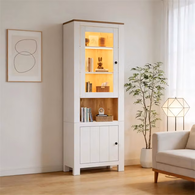 Vetrina moderna MIVRAY bianca con ante in vetro, illuminazione LED integrata e ripiani regolabili, L: 70 cm, P: 40 cm, H: 188 cm