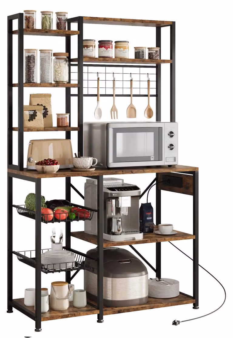 Scaffale da cucina a 7 ripiani - Supporto per microonde - Scaffale da bar - con presa di corrente - Scaffale in legno per spezie e pentole - Nero e marrone