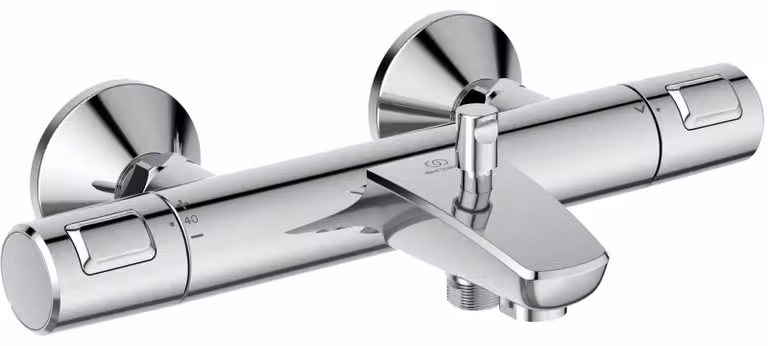 Termostato per rubinetteria da bagno, da montare a parete, finitura cromata, due manopole, realizzato in ottone, larghezza 315 mm
