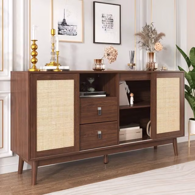 Credenza in stile mid-century con 3 ante scorrevoli in rattan e 2 cassetti, struttura in MDF e truciolato, colore marrone, L: 155 cm, P: 38 cm, H: 80 cm