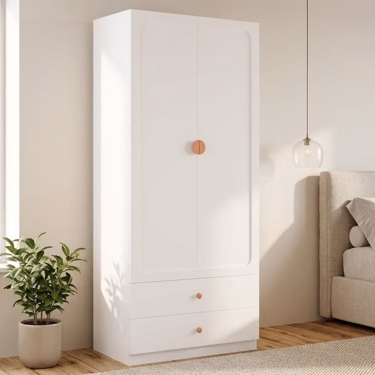 Armadio 200x90x45, maniglia in legno massello, 2 cassetti, 1 asta appendiabiti, design moderno