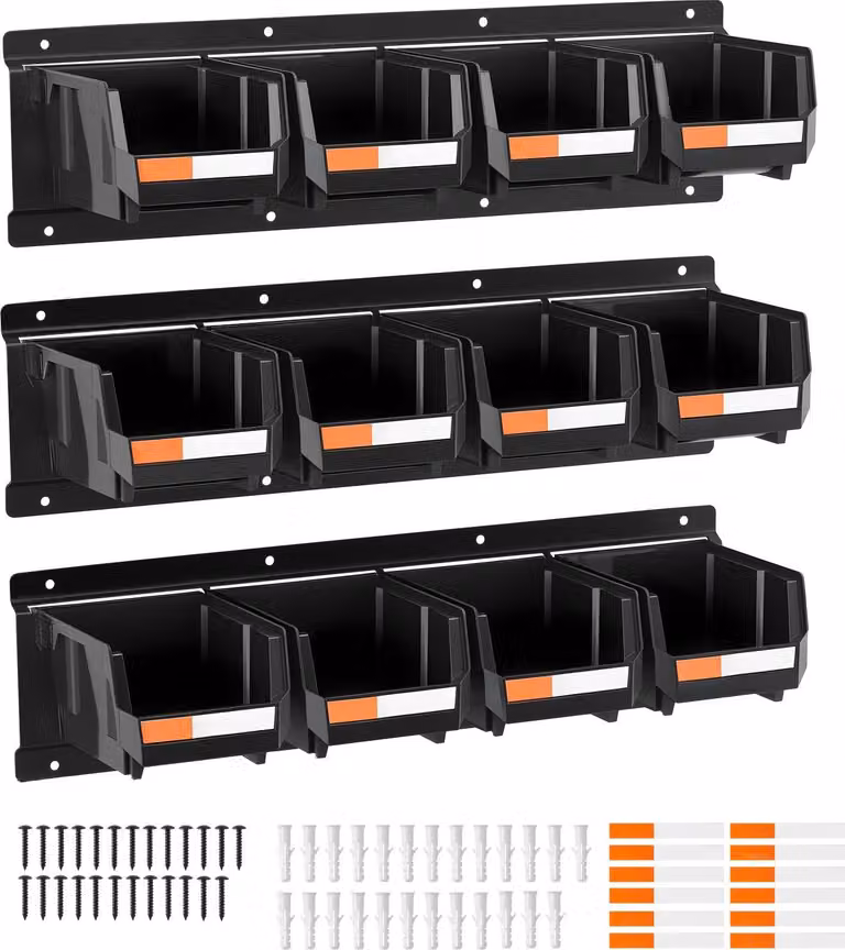 Contenitori a vista / Cassette a vista - Set per montaggio a parete - Confezione da 12 pezzi - 137 x 105 x 75 mm per contenitore - Con 3 guide metalliche - Per viti e minuteria - Nero