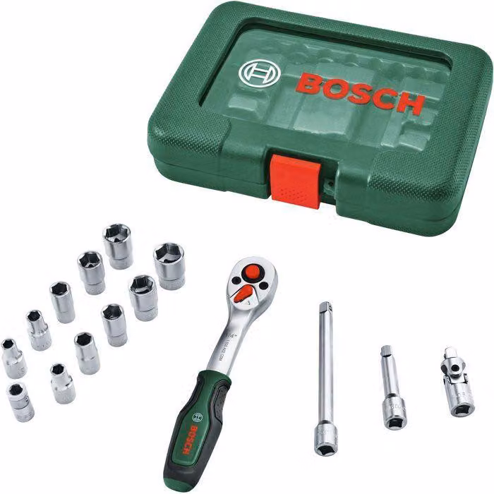 Chiave a cricchetto Bosch da 1/4", set di 15 pezzi, coppia di serraggio 93 Nm, conforme alla norma ISO 3315, impugnatura ergonomica Softgrip