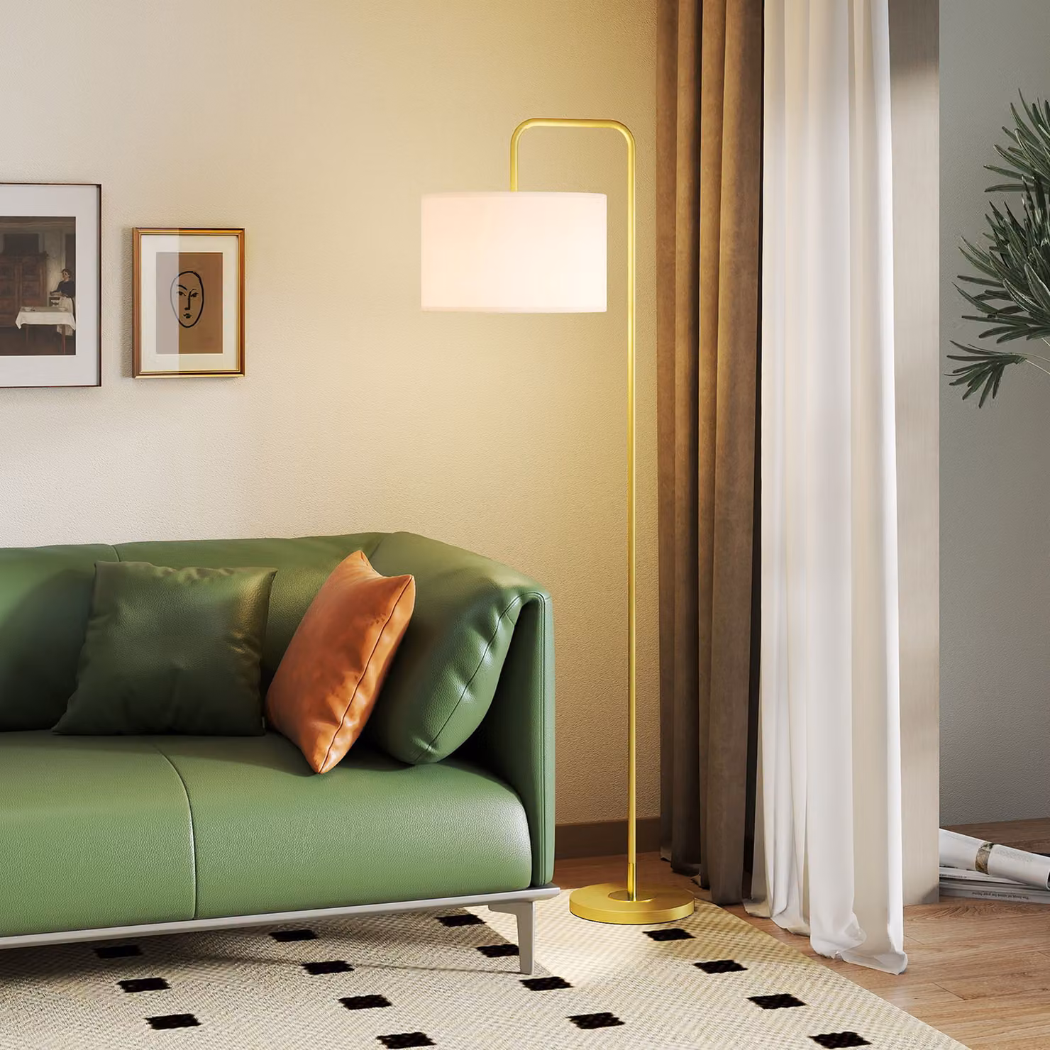 Lampada da terra arcuata HOMCOM con paralume in tessuto bianco e struttura in metallo oro/ottone con interruttore a pedale – 2