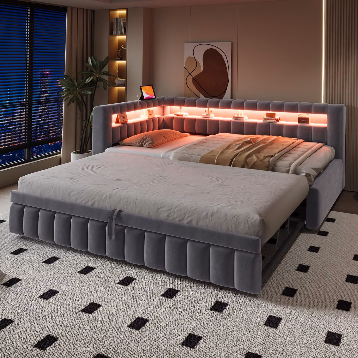 letto imbottito okwish 90×200 con illuminazione a LED, divano letto estraibile, letto matrimoniale con motivo classico a righe, struttura letto in legno con porta di ricarica USB, grigio, senza materasso