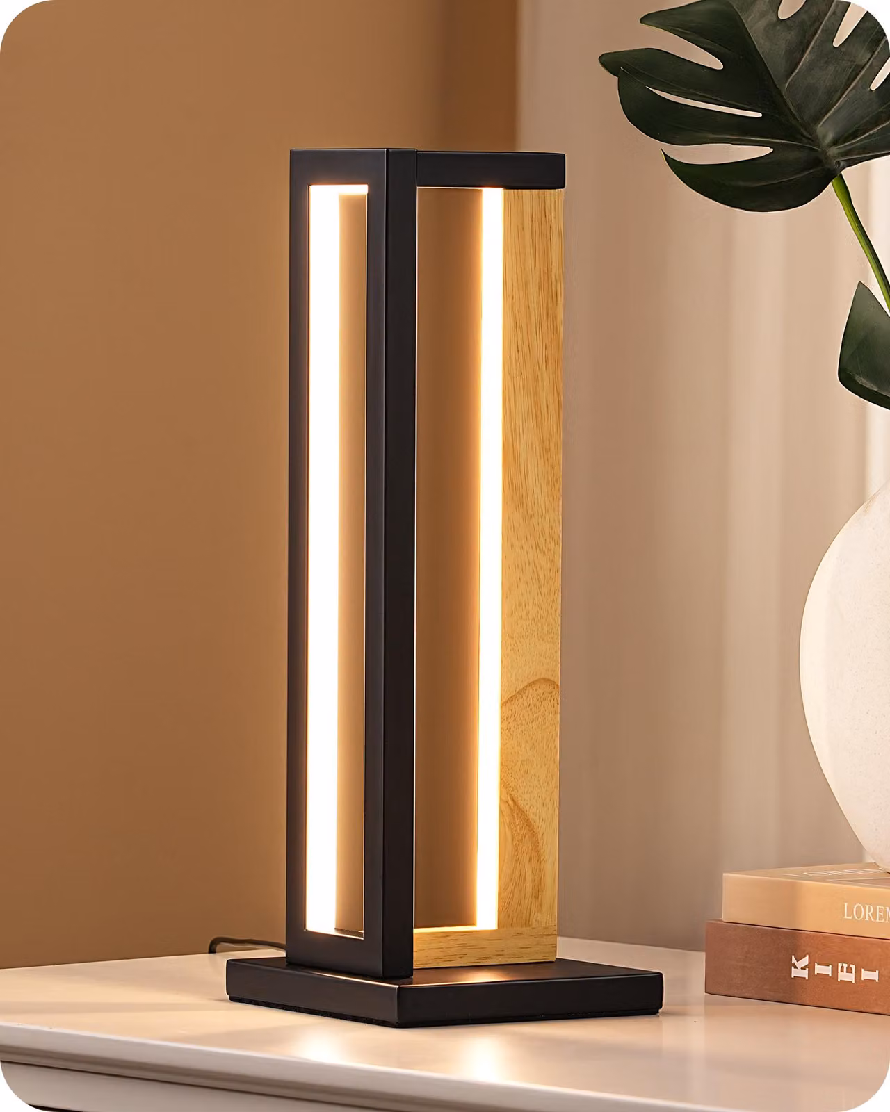 Lampada da comodino EDISHINE Touch dimmerabile, lampada da tavolo moderna con 3 temperature di colore e funzione memoria, design in metallo e legno, 35 cm