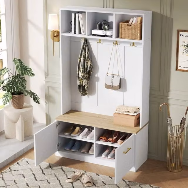 Mobile da ingresso con panca 2 ante 4 ganci e vani aperti in MDF e truciolare naturale bianco 105 × 40 × 180 cm