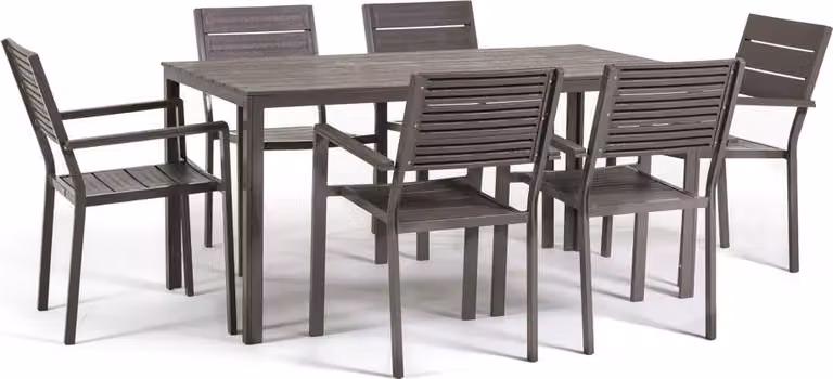 Set da giardino con tavolo rettangolare 156×78 cm in acciaio e polietilene effetto legno e 6 sedie impilabili - design moderno, robusto e armonioso per patio, giardino e veranda - THOMAS + ADELE - Taupe