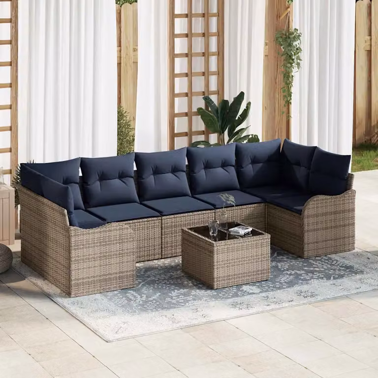 Set di divani da giardino vidaXL a 8 pezzi con tavolo da caffè, design moderno a L, colore grigio e blu, struttura in metallo e rattan con cuscini inclusi