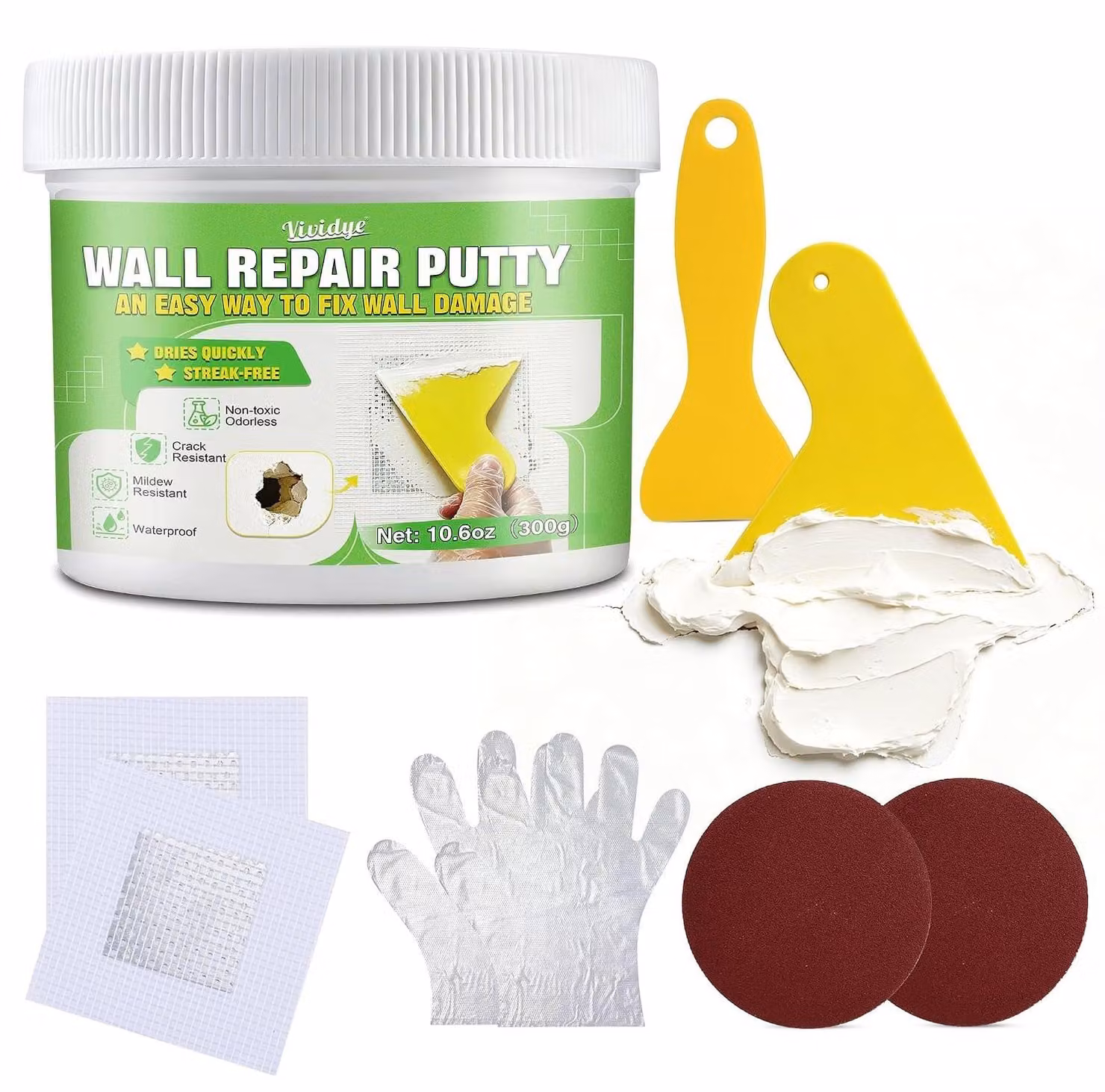 Kit di riparazione per muri: 300 g di stucco, 5 toppe autoadesive in alluminio, strumento per la riparazione, per pareti