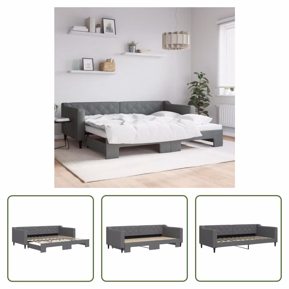 The Living Store letto da giorno allungabile grigio scuro 90x200 cm in tessuto