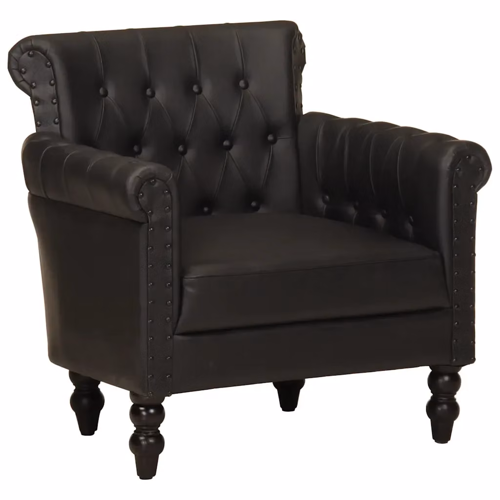 Poltrona lounge nera in vera pelle con struttura in legno di mango vidaXL – 2
