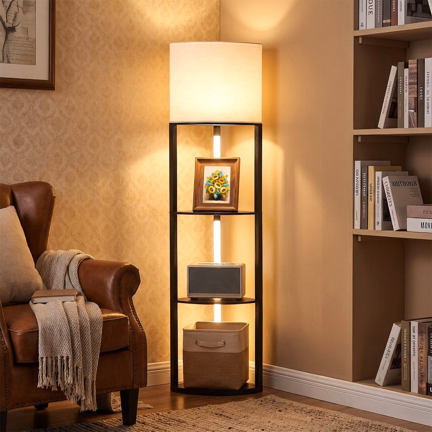 Costway Lampada da terra angolare moderna con 3 mensole e luci LED dimmerabili in metallo, colore nero e bianco per soggiorno