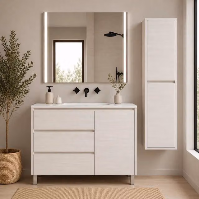 Mobile bagno con 3 cassetti, anta e lavabo ORIGENBATH VOLUM senza specchio 120x45 cm 1 vasca bianco nordico con colonna