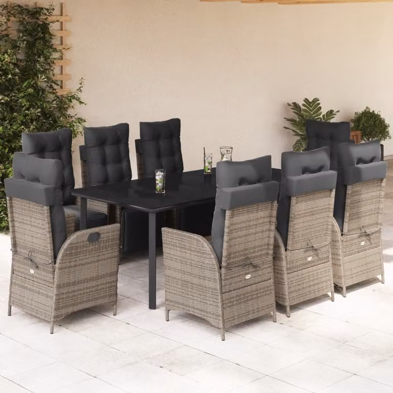 vidaXL Set da Pranzo da Giardino 9 pz in Polyrattan e Vetro Grigio e Nero