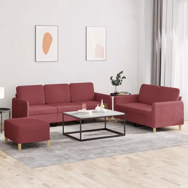 Set di divani 3 pezzi vidaXL con pouf e cuscini in tessuto rosso per soggiorno moderno – 1